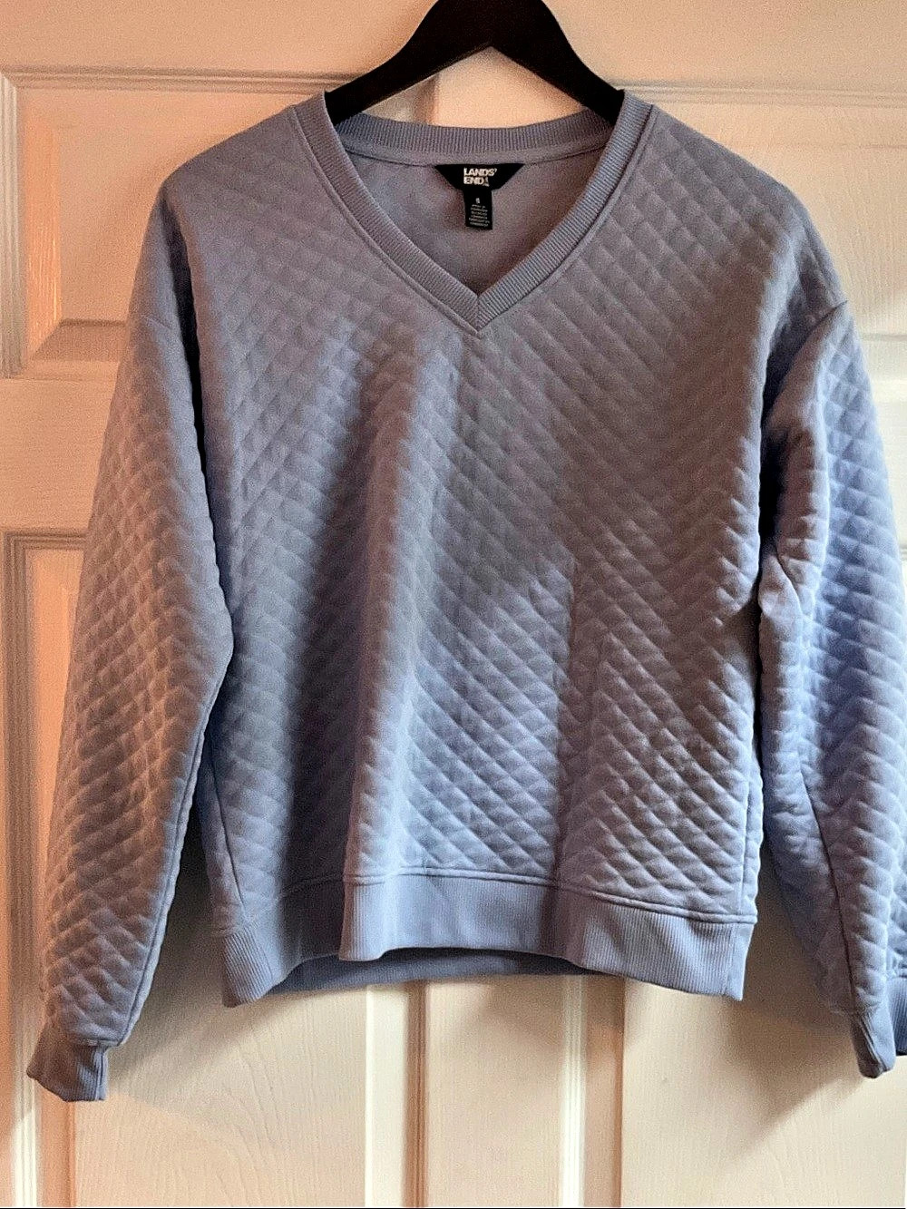 Lands' End Quilted V-Neck Sweatshirt Blue Small